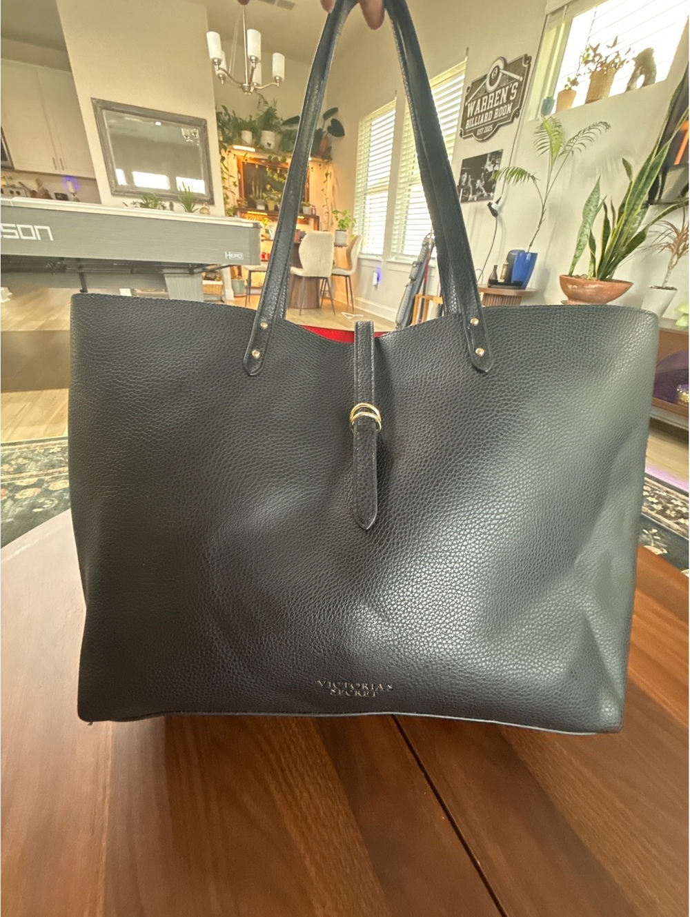 Victoria's Secret Black Leather Tote Bag with Red Interior and Matching Red Poch